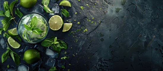 Poster - A mojito cocktail set on a dark stone surface ideal for displaying your text with available copy space image