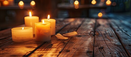 Poster - Illuminate a wooden table with multiple lit candles for a cozy ambiance and a beautiful copy space image