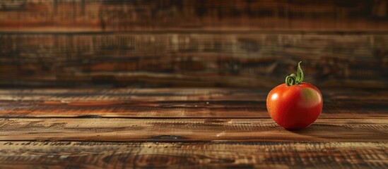 Poster - Wooden table with a ripe tomato and a tomato background provides ample copy space image