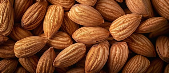 Poster - Almonds arranged in a pile creating a background with copy space image