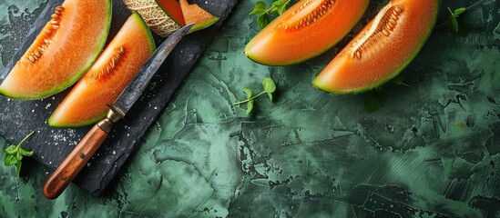 Leinwandbilder - Fresh melon slices presented on a slate board with a knife set against a green background with room for text in a copy space image