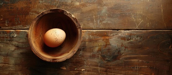 Poster - A chicken egg displayed in a wooden bowl on a rustic table captured from above to provide a view of the egg with space for supplementary elements in the image. with copy space image