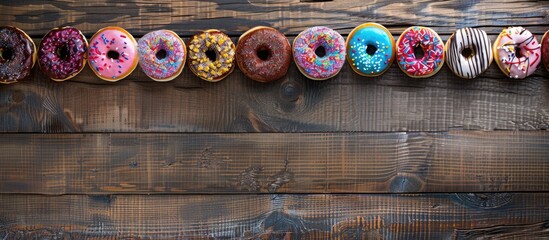 Fototapete - A variety of vibrant doughnuts with sweet toppings displayed on a rustic wooden surface shot from above to reveal a stylish presentation with ample copy space image