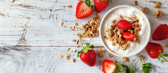 Poster - Top down view of Greek yogurt topped with fresh strawberries and granola ideal for promotional designs needing copy space images