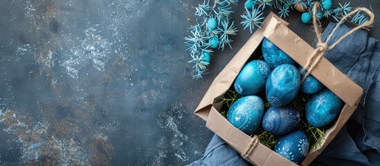 Poster - Gift bag and blue Easter eggs viewed from above with room for text or graphics in the image. with copy space image. Place for adding text or design