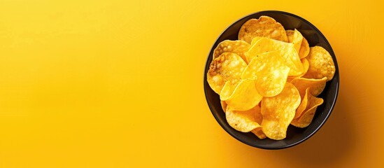 Aufkleber - Top view of potato chips in a bowl on a yellow background with space for text or image. with copy space image. Place for adding text or design