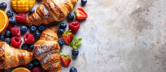 Fototapete - Croissants with assorted fruits placed elegantly on a bright backdrop perfect for a copy space image