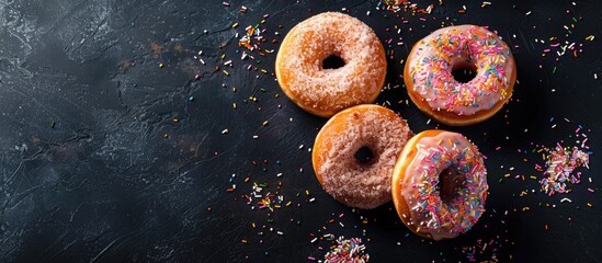Poster - A picture of Berliner donuts with glaze on a black backdrop showcasing a delicious treat against a dark copy space image