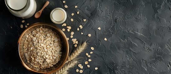Poster - Copy space image featuring vegan oat milk a non dairy alternative in flakes displayed in a ceramic bowl alongside a glass bottle among oats set against a black stone concrete background
