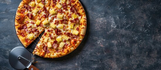 Poster - Delicious Hawaiian pizza with cheese crispy bacon and pineapple served with a pizza cutter wheel on a dark background showcasing a copy space image