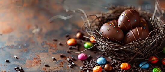 Aufkleber - Closeup view of delicious chocolate eggs with candies in a decorative nest perfect for a copy space image