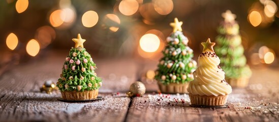 Aufkleber - Selective focus enhances Christmas tree cakes on a wooden Christmas background creating a festive copy space image