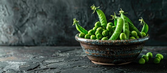 Aufkleber - Freshly picked green peas packed in pods showcased in a ceramic bowl resting on a dark wooden backdrop with copy space image available