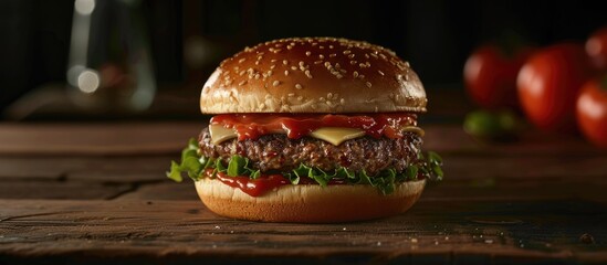 Poster - A freshly made burger is presented on a wooden surface with a dark background creating a visually appealing copy space image