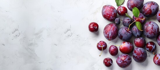 Wall Mural - Flat lay composition with appetizing ripe plums on a white table featuring copy space image