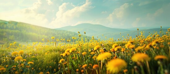 Poster - Beautiful rural landscape featuring an amazing meadow filled with wildflowers and a sea of yellow dandelions offering a spring symbol alongside copy space image