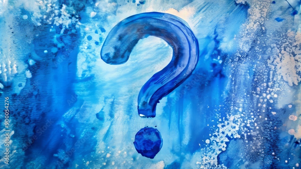 Vibrant blue watercolor painting of a stylized question mark ...
