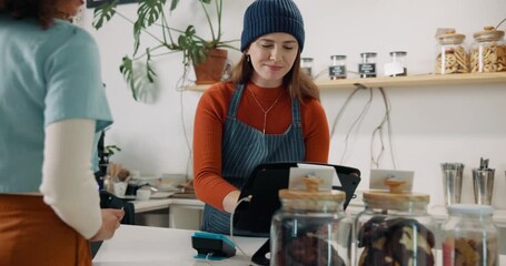 Poster - Cafe, women and customer with barista, counter and friendly service with purchase, restaurant and payment. Employee, client or conversation in coffee shop, discussion or help with checkout or talking