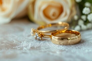 Canvas Print - Romantic wedding rings and elegant roses in a close up shot symbolizing love commitment and timeless beauty