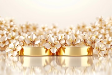 Canvas Print - Golden wedding bands surrounded by delicate white flowers symbolizing purity commitment and eternal love