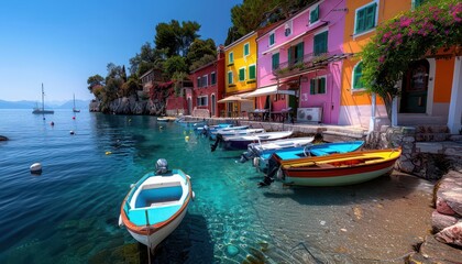 Wall Mural - Coastal village with colorful houses and boats, Realism, Soft tones, Digital art