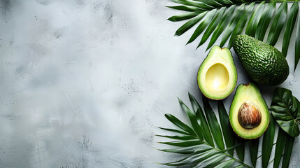 Wall Mural - Fresh avocados and palm leaves on plain background with copy space.