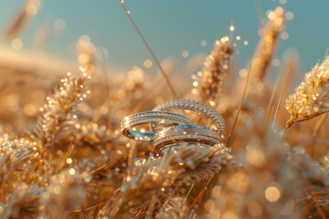 Canvas Print - Elegant wedding rings on a delicate lace background with a soft bokeh effect symbolizing love and commitment