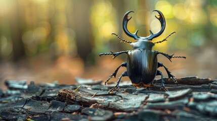 Detailed shot of a stag beetle with five horns on a weathered piece of wood, with a blurred forest backdrop.