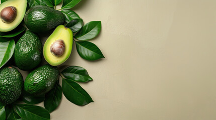 Wall Mural - top view flat lay green avocados with leaves on a beige background with copy space.