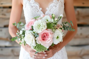 Canvas Print - Close up of a bride holding a bouquet of white and pink flowers symbolizing love beauty and elegance