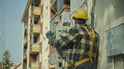 Back view of an electrician fixing a circuit box in a residential building