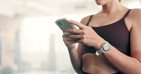 Wall Mural - Phone, hands and woman at gym for fitness, workout or training progress, social media and chat of health tips. Person typing on mobile for communication, network and search or sign up for exercise