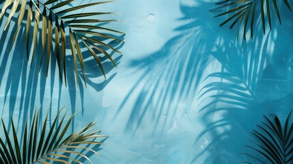 Wall Mural - Tropical palm leaves casting shadows on a blue backdrop Minimalistic nature Summer theme Flatlay with space for text