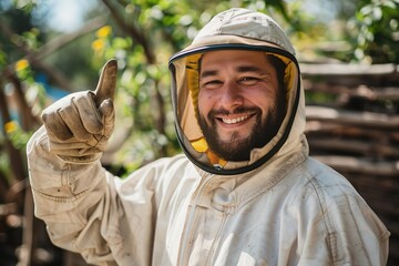smiling beekeeper in safety gear, standing half-body and facing the camera