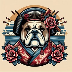 Wall Mural - Bulldog japanese geisha in kimono design graphics, prints, tees, posters, stickers, template, apparel, mug