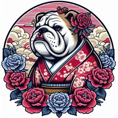 Wall Mural - Bulldog japanese geisha in kimono design graphics, prints, tees, posters, stickers, template, apparel, mug