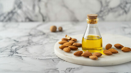 Wall Mural - Almond oil in glass bottle and almonds nuts on marble white background with copy space.