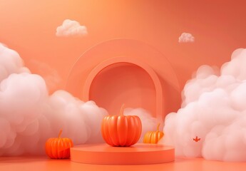 Wall Mural - Halloween pumpkin podium on orange foggy background, 3D rendering for autumn sale promotion. 3D Rendering Mock up