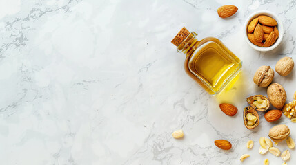 Wall Mural - Almond oil in bottle and nuts, flakes on color marble table with copy space.