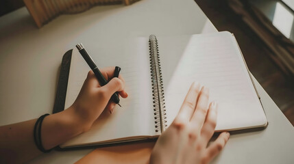 Aufkleber - Close-up of a blank notebook being written in at a study desk