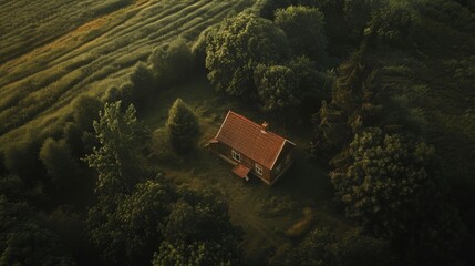 Sticker - The roof of a tiny house alone in a field, view from the sky, English suburban atmosphere, dark luminosity, cinematic, 