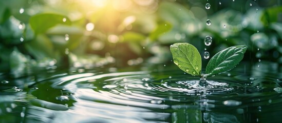 A leafy green plant is floating on a body of water with droplets of water on its leaves