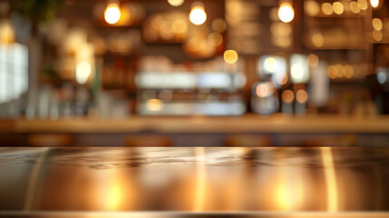 Modern coffee shop interior with empty stainless steel counter, warm lighting, and out of focus bokeh background.