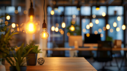 Aufkleber - Warm, inviting workspace with soft lighting from hanging bulbs. Modern office setup with focus on a glowing light in a blurred background.