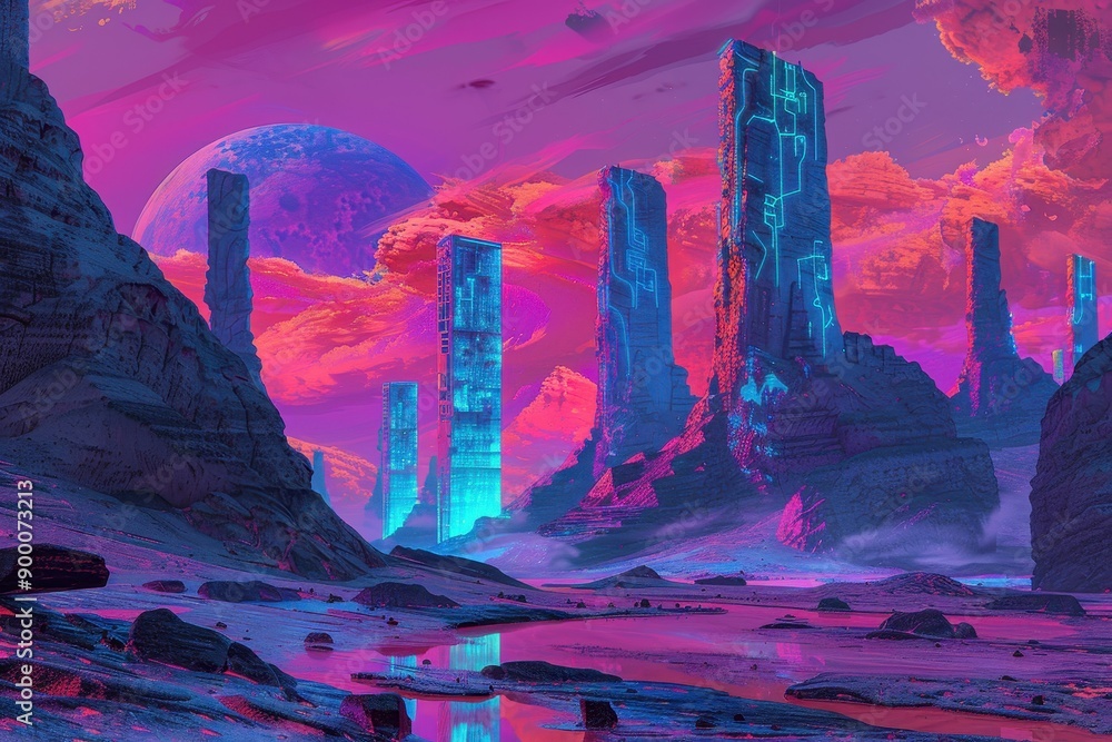 Futuristic landscape with glowing alien structures under a purple sky ...