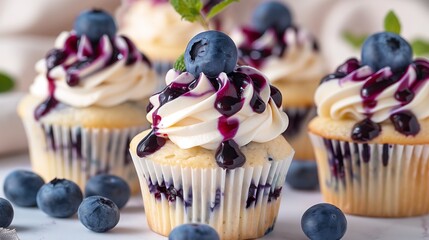 Wall Mural - Beautiful vanilla cupcakes topped with blueberries and blueberry sauce. Vibrantly colored vanilla cupcake with fresh blueberries.