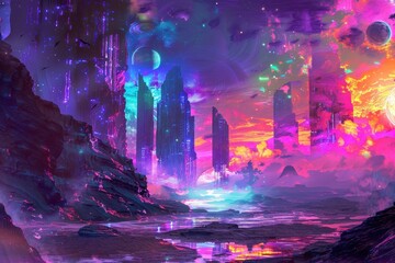 A surreal alien landscape with towering structures and a vibrant sky filled with stars and celestial bodies