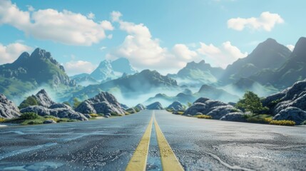 Wall Mural - close up profile shot of a road against a guiling china inspired landsape with mountains and blue sky, realistic 