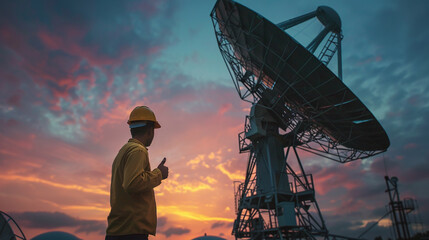 Wall Mural - Engineer man wearing protective helmet working nearby satellite dish.