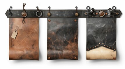 Sticker - Collection of leather banners in brown black and beige with tags and metal buttons on white background